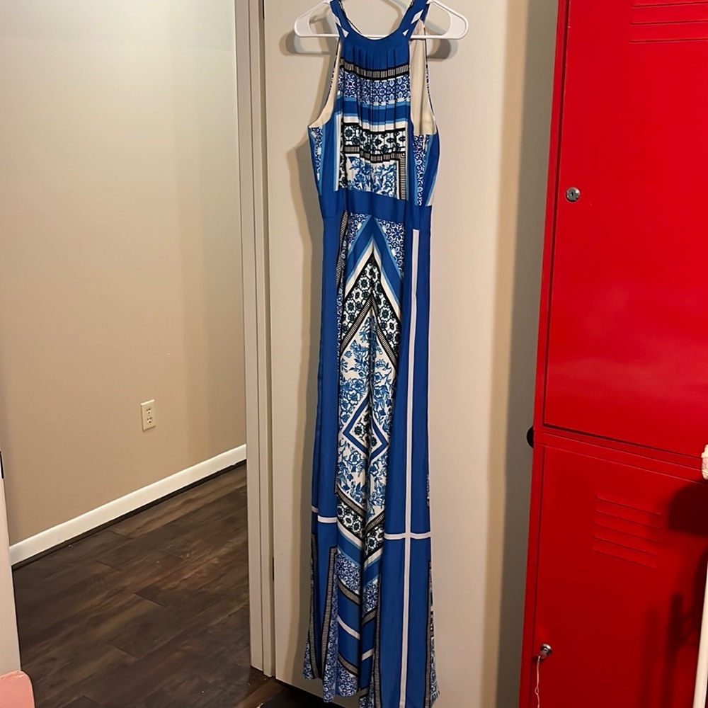 Eliza J maxi dress in blues, whites and black. Halter top. Size 6.